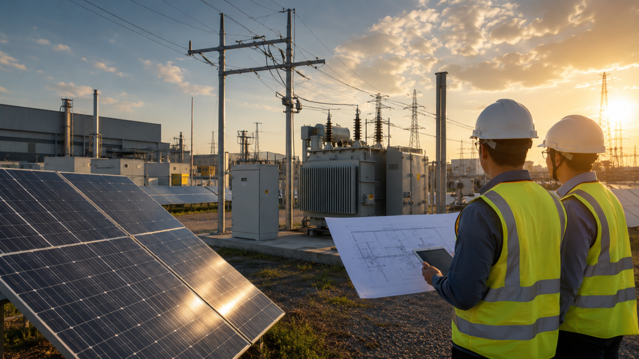 Solar panels on manufacturing facility rooftop
